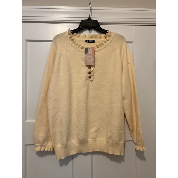 BTFBM SWEATER WOMENS SIZE Large BUTTON UP LONG SLEEVE Cream Ruffle Long Sleeves - Picture 1 of 6